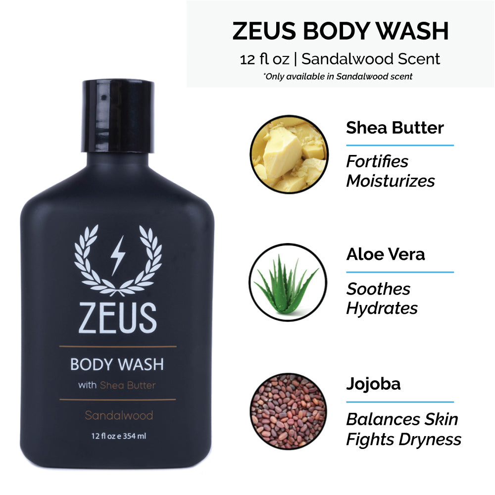Zeus body wash contains shea butter, aloe vera, and jojoba