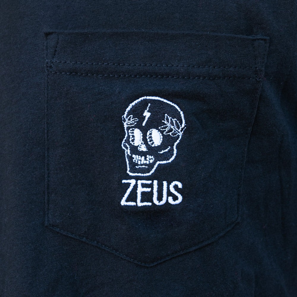 Zeus 100% Cotton, Skull Embroidered Pocket Tee, Black