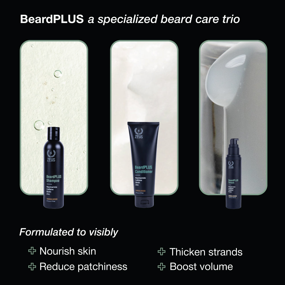 BeardPLUS set includes shampoo, conditioner, serum