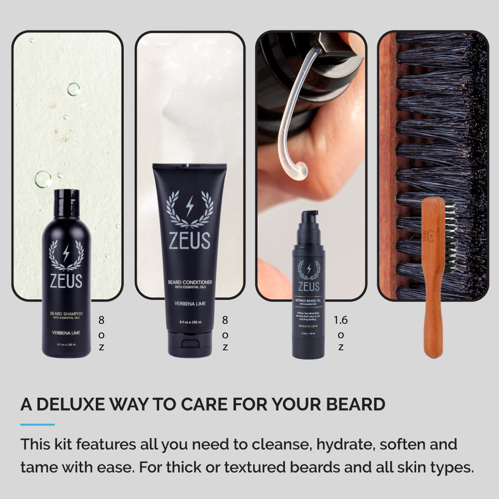 Zeus beard care product set with bottles, a brush, and text on a gray background