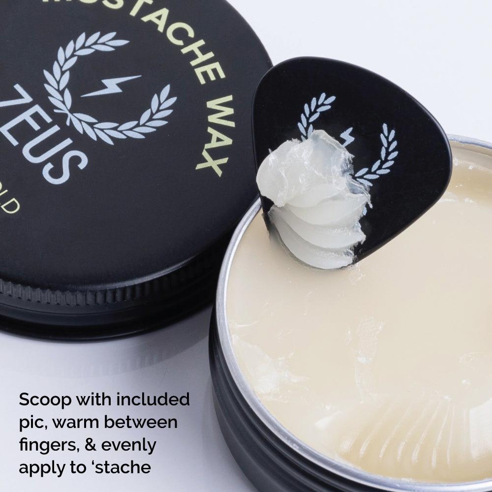 Firm mustache wax includes pick to scoop