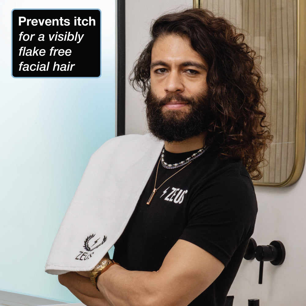 Model posing with flake-free beard