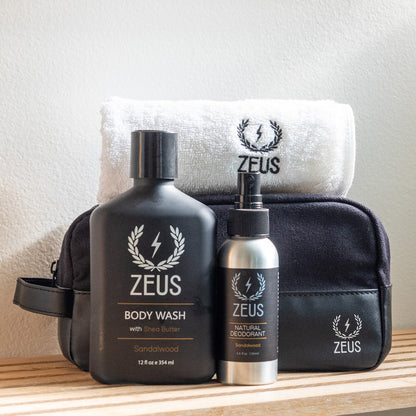 Zeus Body Care Gift Set on a bathroom shelf