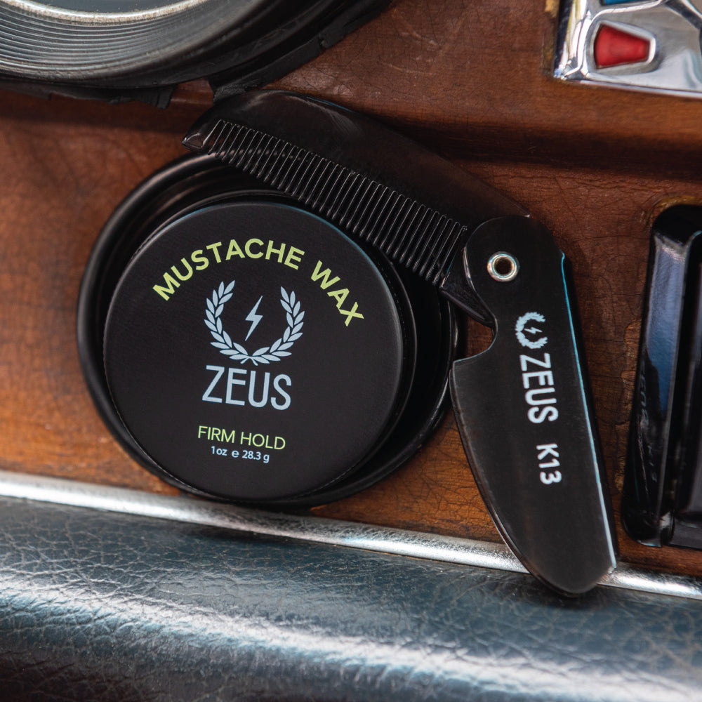 mustache wax with folding comb