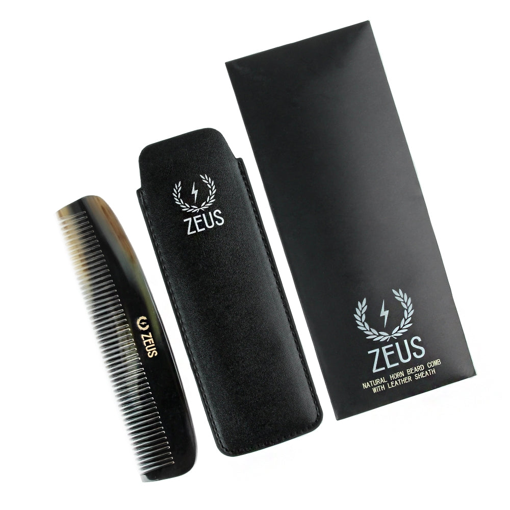 Zeus Natural Horn Wide Tooth Beard Comb in Leather Sheath - H41