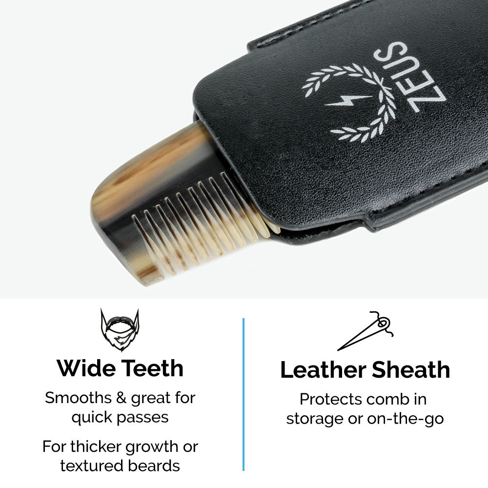 Zeus Natural Horn Wide Tooth Beard Comb in Leather Sheath - H41