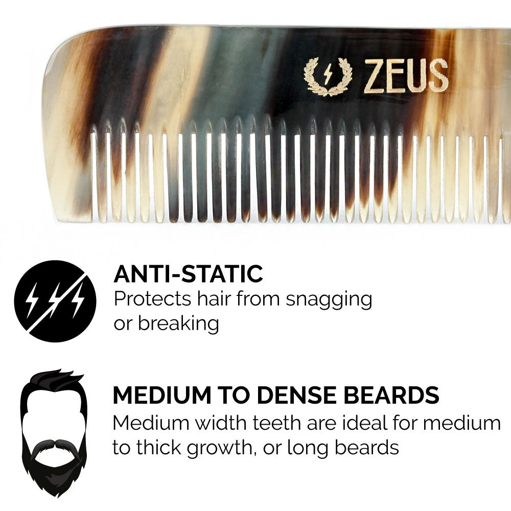 Zeus Natural Horn Medium Tooth Beard Comb in Deluxe Tin