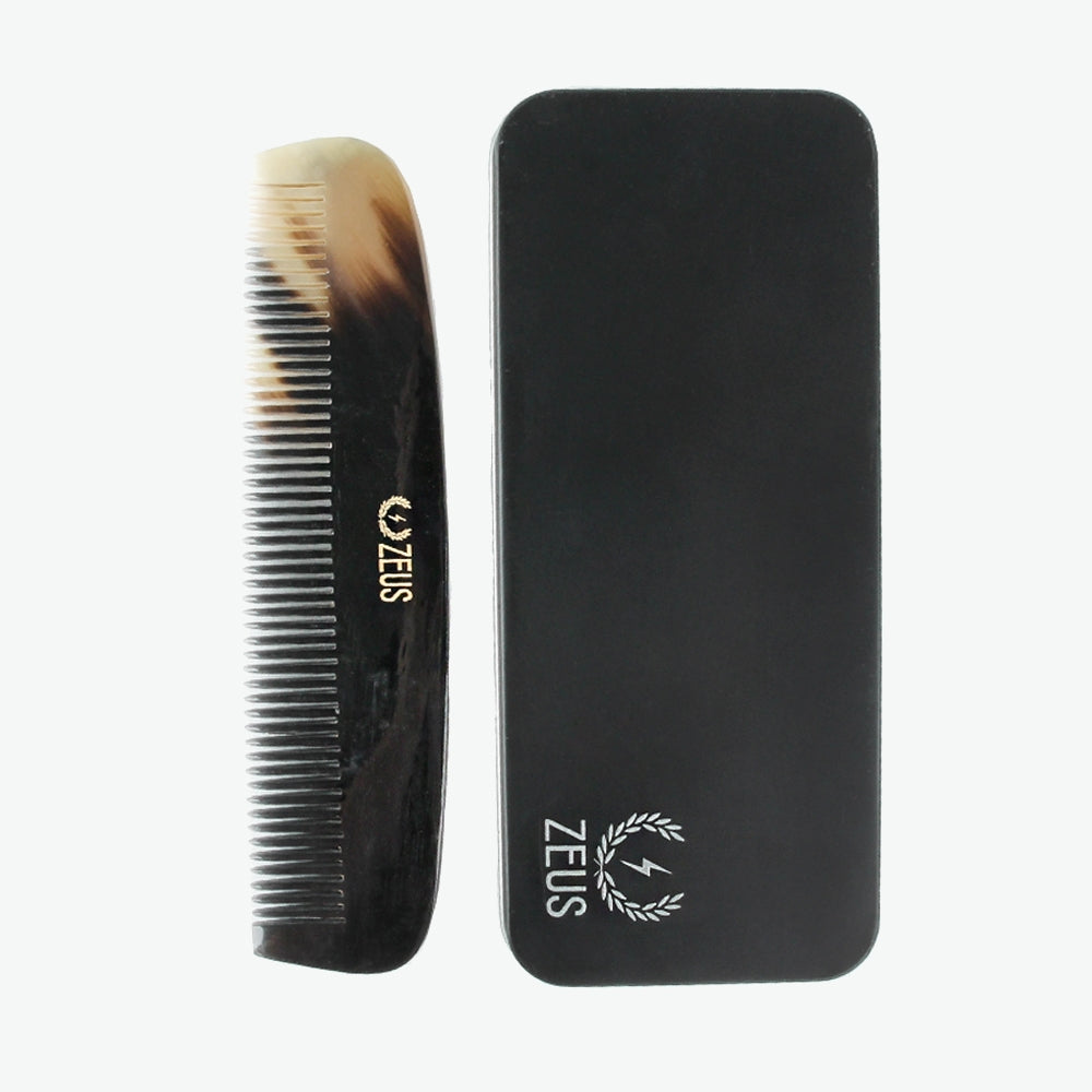 Zeus Natural Horn Wide Tooth Beard Comb in Deluxe Tin