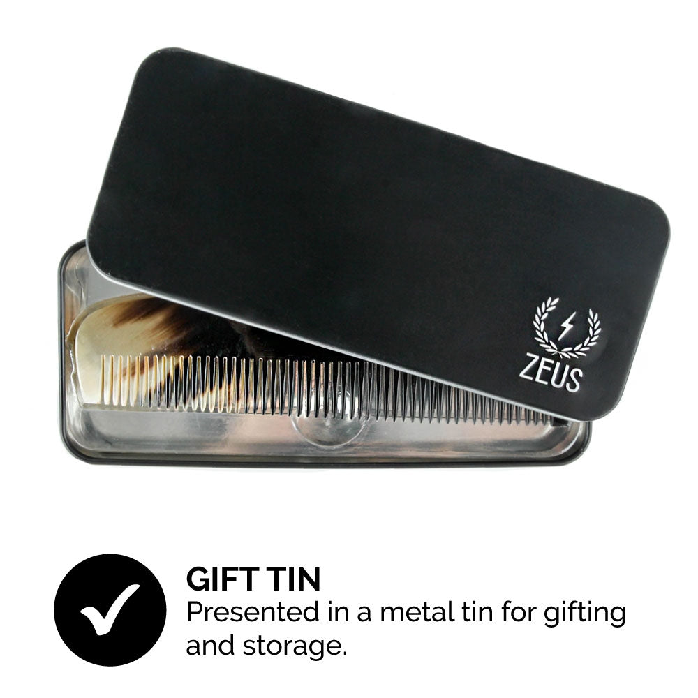 Zeus Natural Horn Wide Tooth Beard Comb in Deluxe Tin