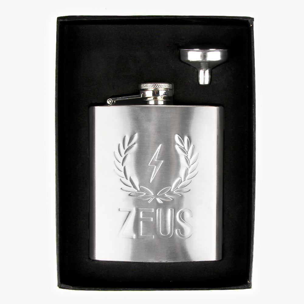 Zeus Stainless Steel Hip Flask and Funnel Set with packaging