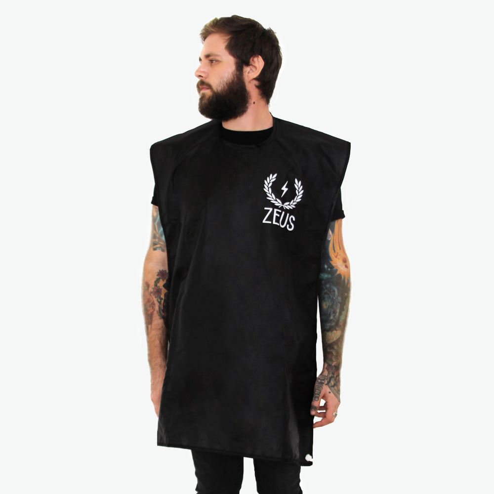 Model wearing Zeus Facial Hair Trimming Catcher Bib Beard Apron