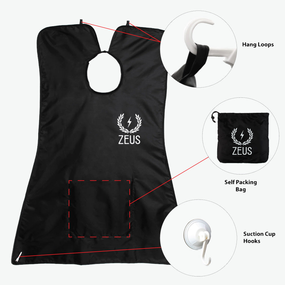 Zeus Facial Hair Trimming Catcher Bib Beard Apron features