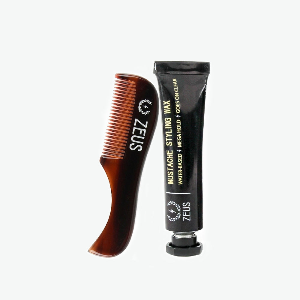 Zeus Mustache Styling Wax and Mustache Comb Grooming Set, Mega Hold