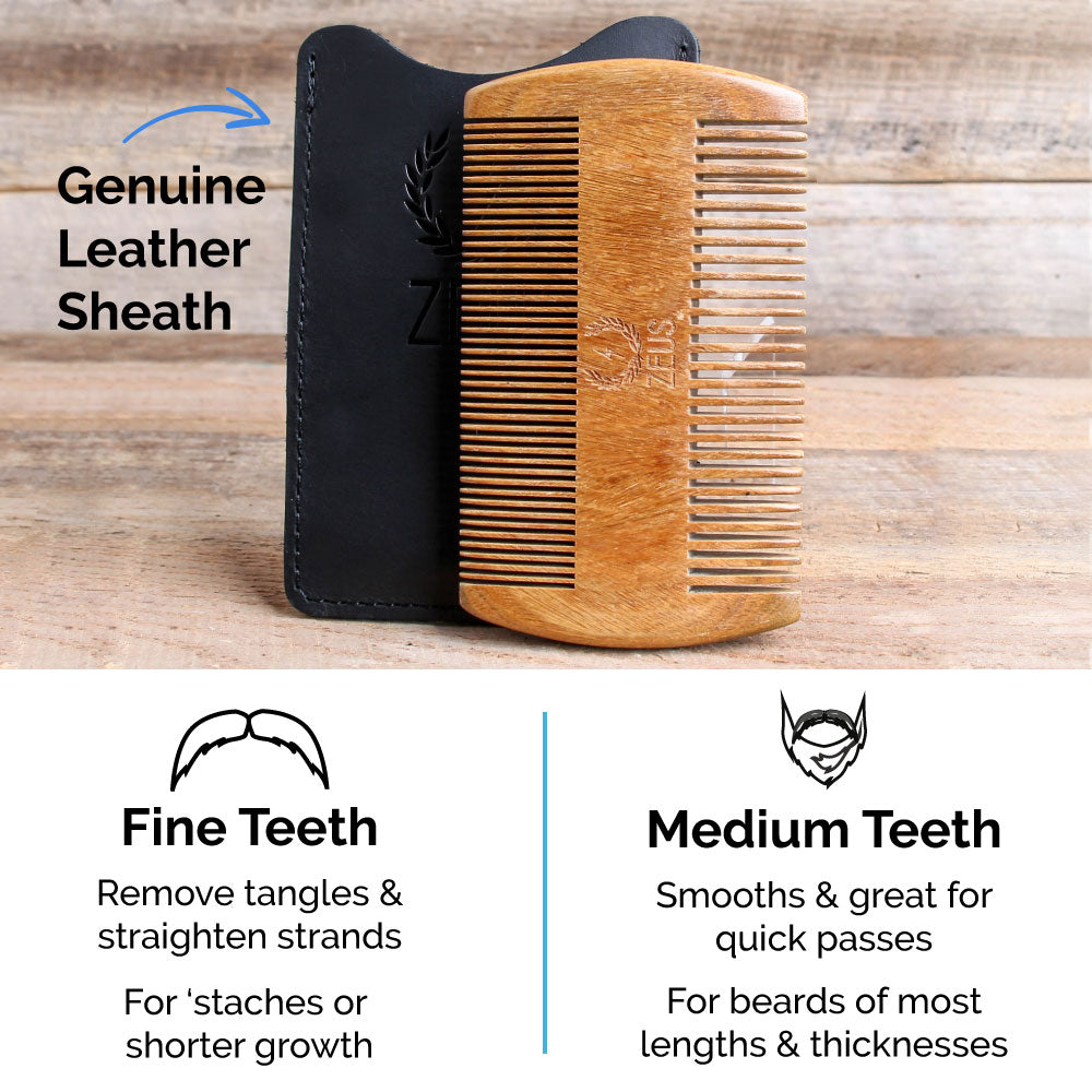 Zeus Sandalwood Double-Sided Beard Comb with Leather Sheath - R31