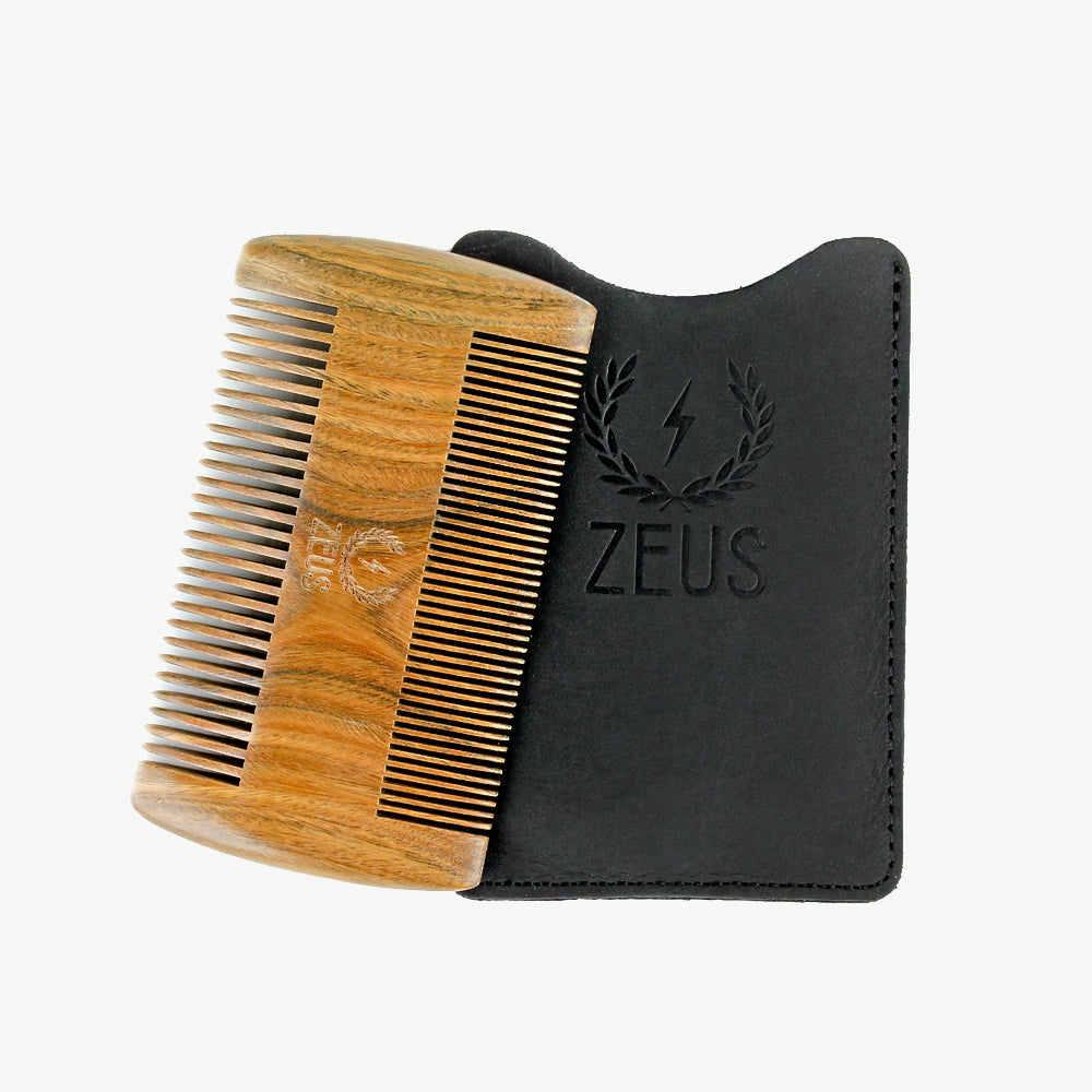 Zeus Sandalwood Double-Sided Beard Comb with Leather Sheath - R31