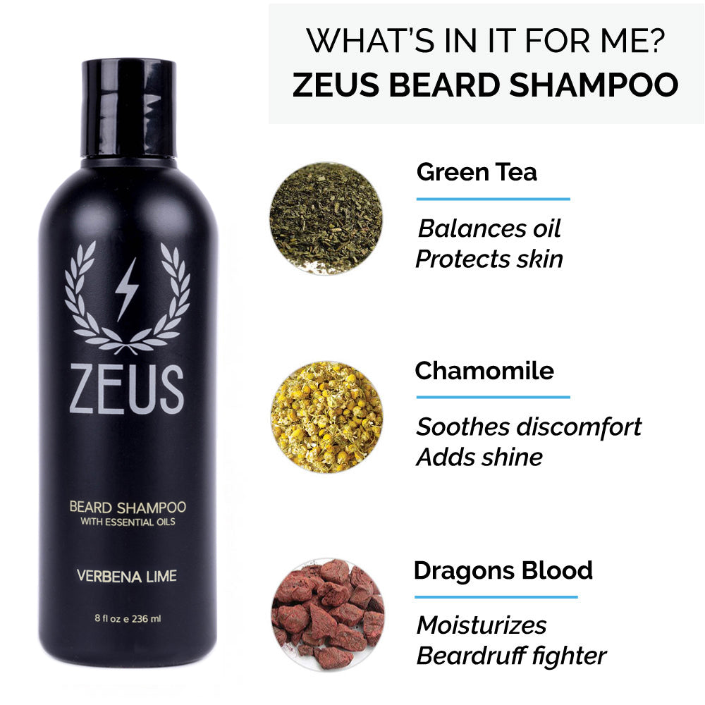 Zeus Beard Shampoo contains green tea, chamomile, and dragon's blood