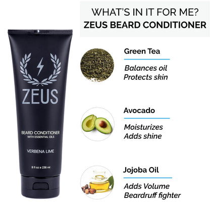 Zeus Beard Conditioner contains green tea, avocado, and jojoba oil