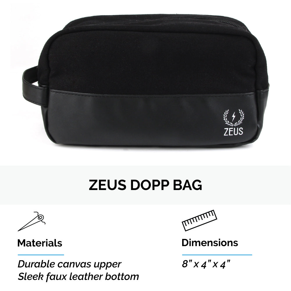 Zeus dopp bag is made with a canvas upper and faux leather bottom, dimensions are 8" x 4" x 4"