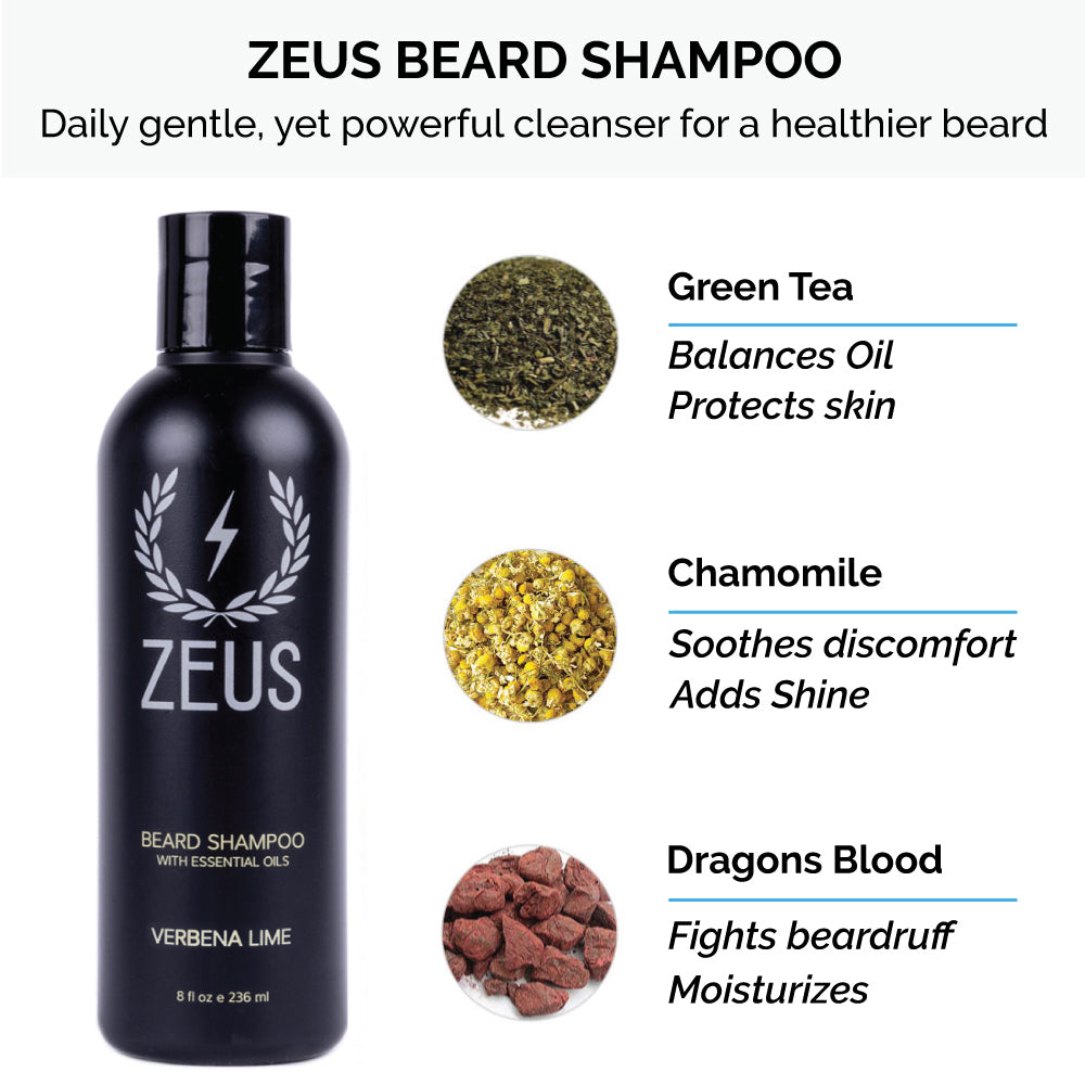 Zeus beard shampoo contains green tea, chamomile, and dragons blood