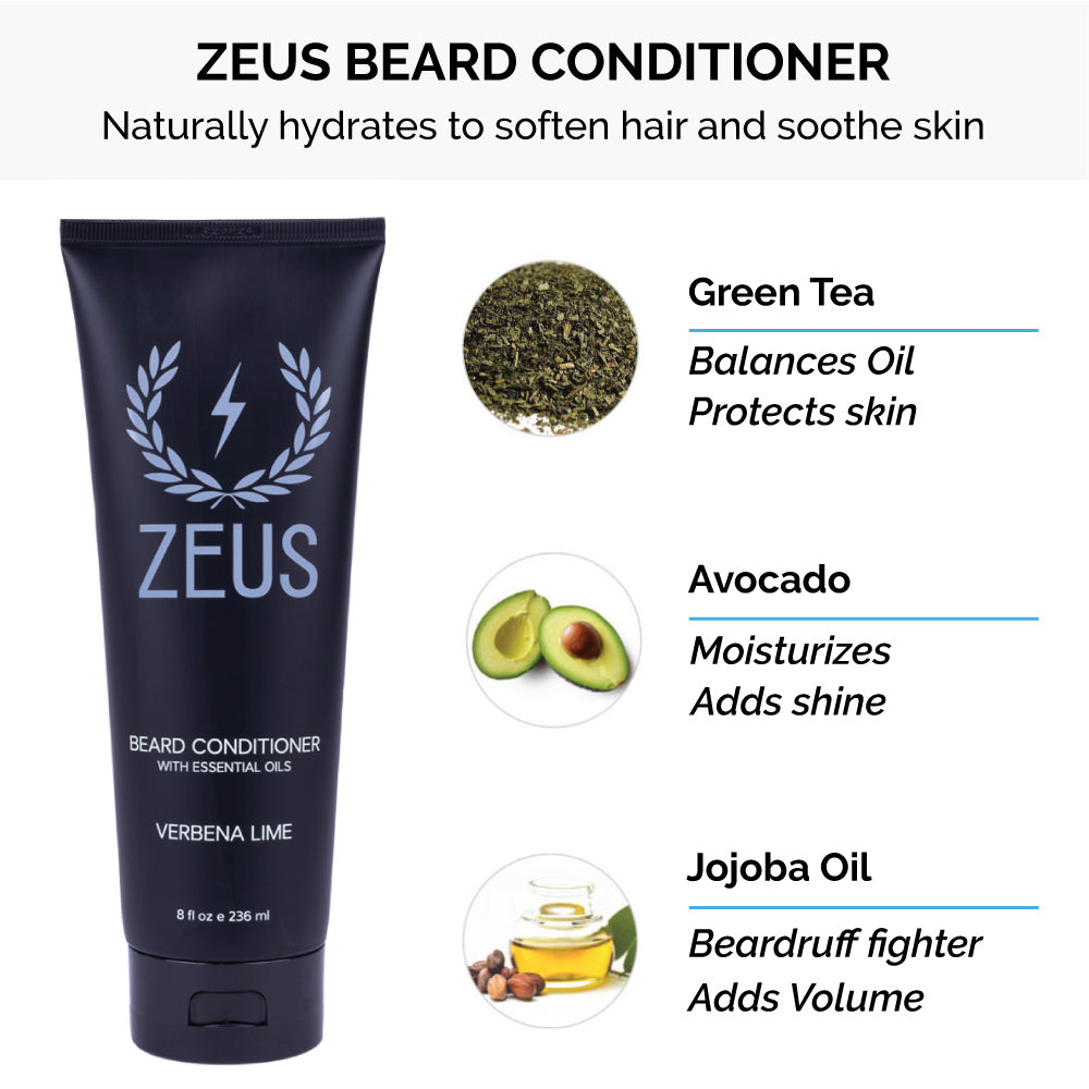 Zeus Beard Conditioner contains green tea, avocado, and jojoba oil
