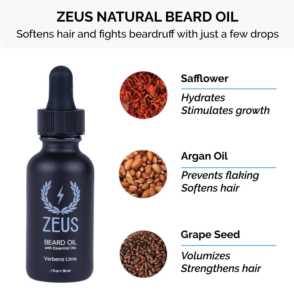 Zeus natural beard oil contains safflower, argan oil, and grapeseed oil