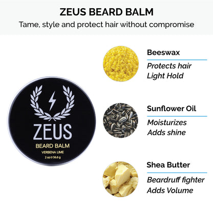 Zeus beard balm contains beeswax, sunflower oil, and shea butter