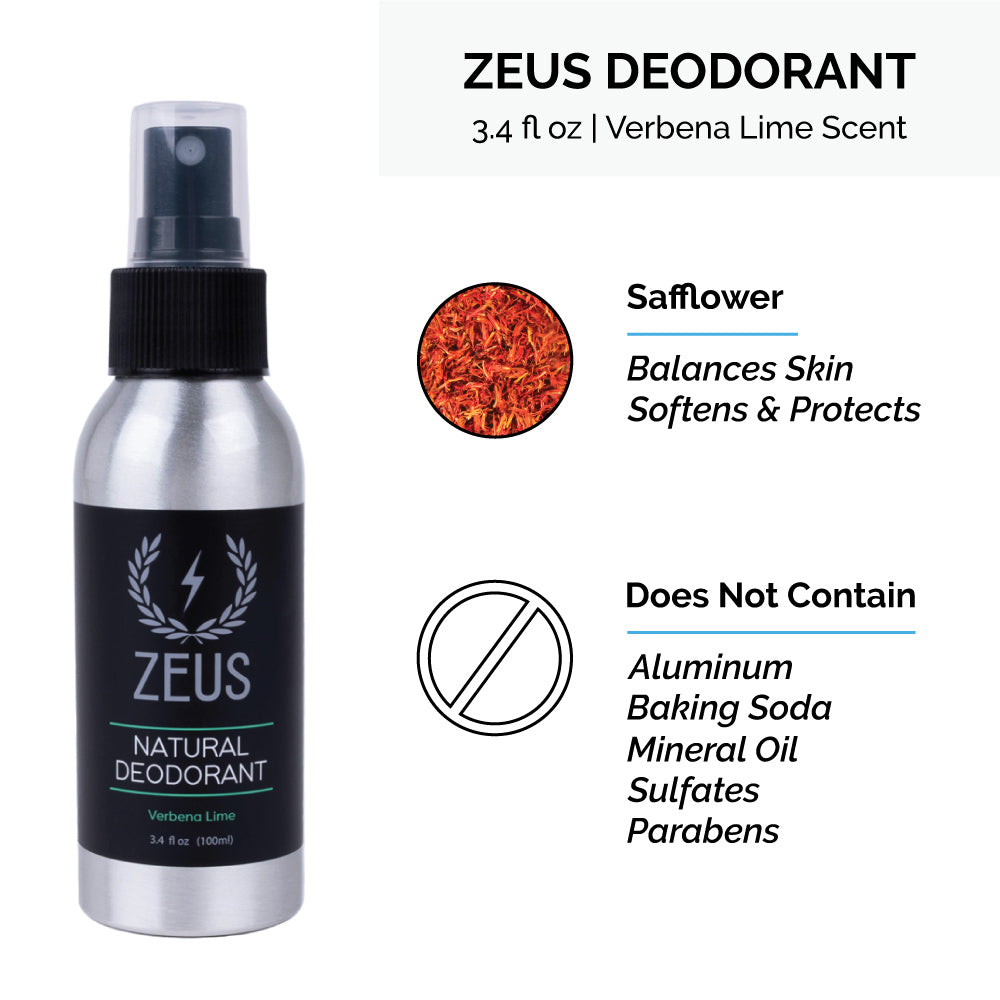 Zeus deodorant contains safflower and does not contain aluminum, baking soda, mineral oil, sulfates, or parabens