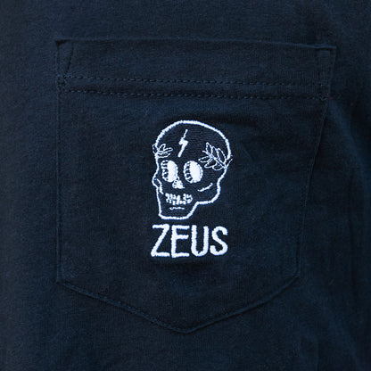 Zeus 100% Cotton, Skull Embroidered Pocket Tee, Black