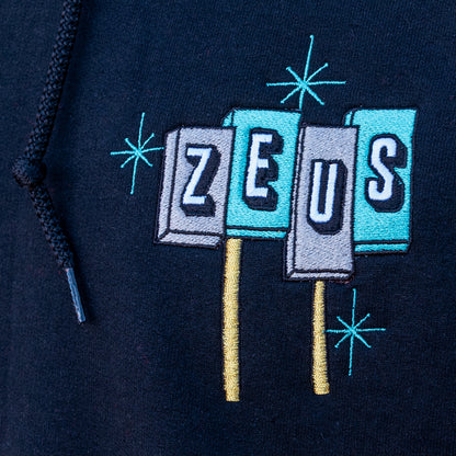Zeus Vintage Neon Sign Embroidered Midweight Hoodie, Black