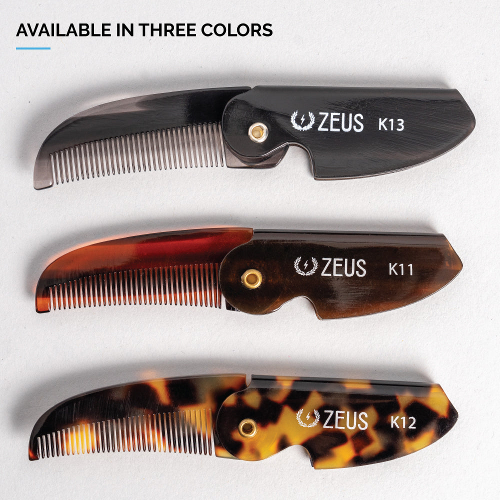 Folding mustache comb is available in three colors