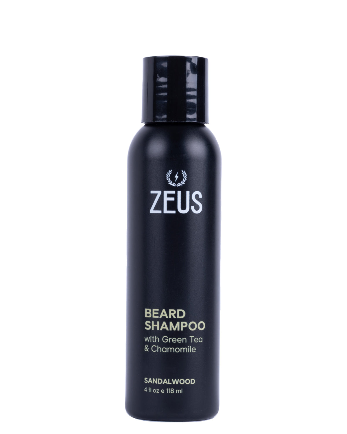 A matte black bottle of Zeus Beard Shampoo with Green Tea & Chamomile, featuring white and gold text on a clean white background.