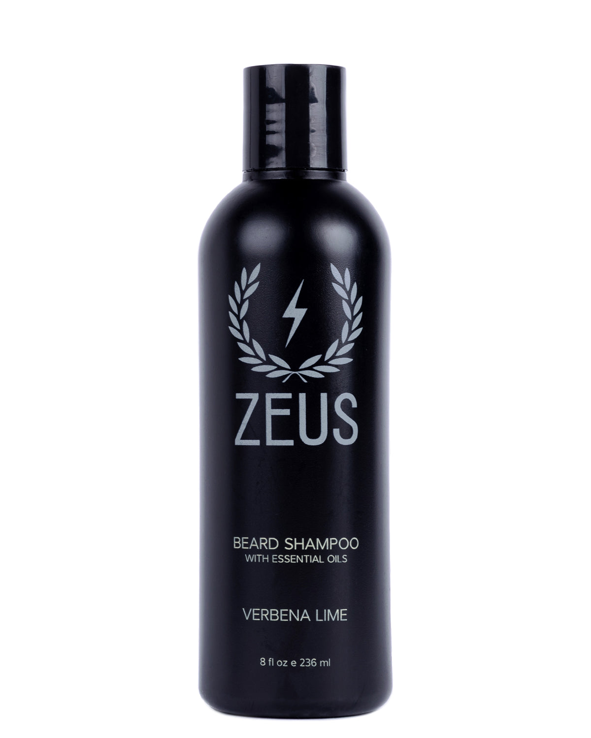 A black bottle of Zeus Beard Shampoo with essential oils, Verbena Lime scent, on a solid white background.