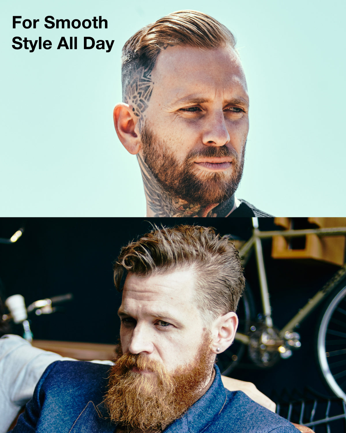 Two men with styled beards and hair, one with a blue shirt and the other with a black shirt, against a light blue background.