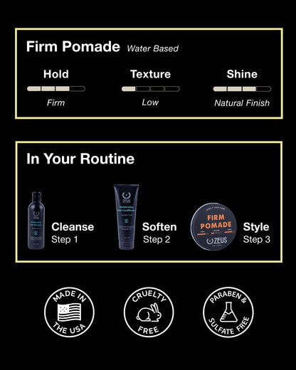 Zeus Firm Pomade product information on a black background with icons indicating features and usage steps.