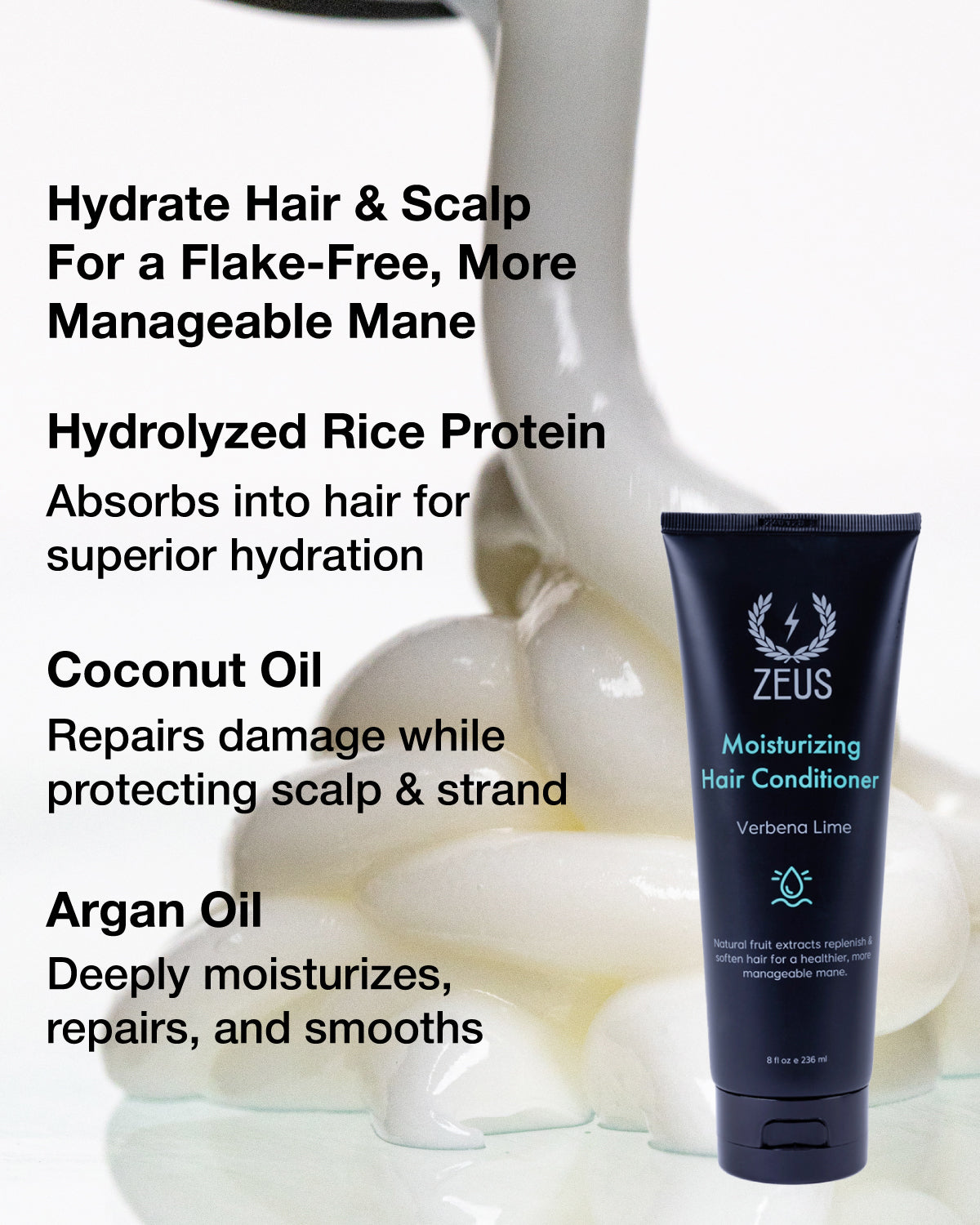 Zeus moisturizing hair conditioner with text about hair care benefits on a white background