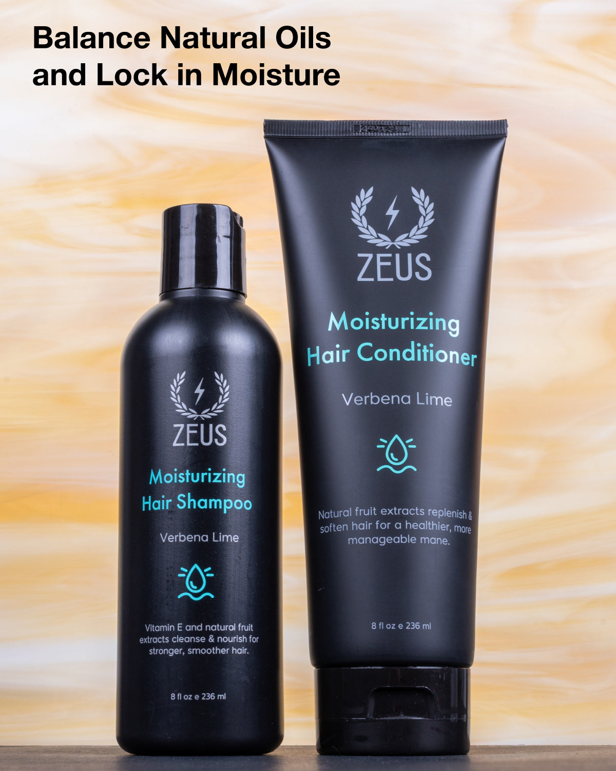Zeus moisturizing hair shampoo and conditioner on a yellow background