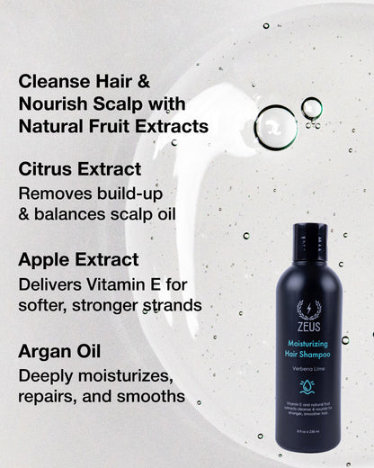 Zeus moisturizing hair shampoo bottle with text about natural fruit extracts on a gray background