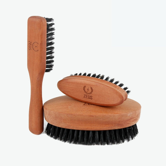 Zeus Pear Wood Beard Brush Set - 100% Boar Bristle