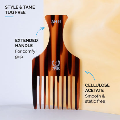 zeus traditional handcrafted beard afro pick features