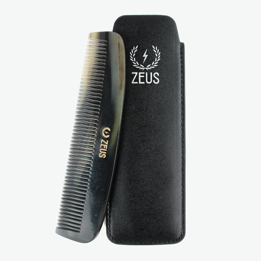 Zeus Natural Horn Wide Tooth Beard Comb in Leather Sheath - H41