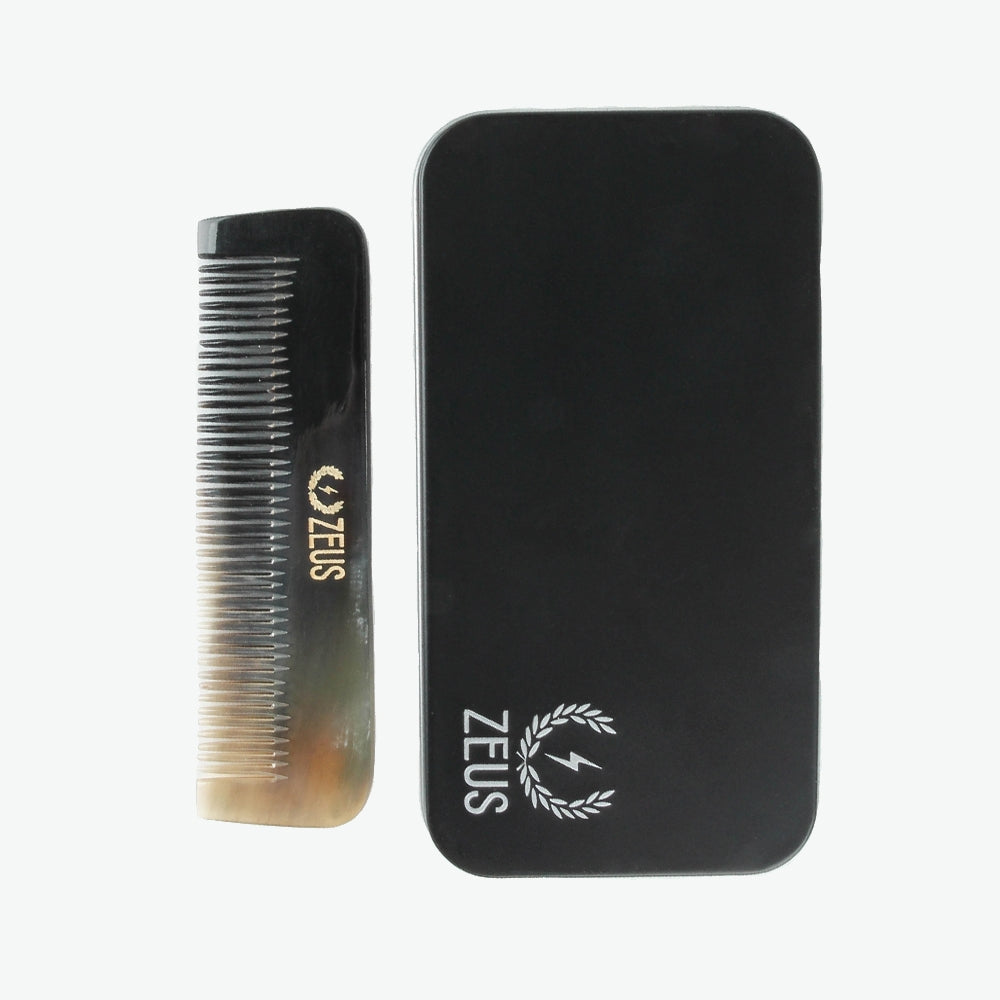 Zeus Natural Horn Medium Tooth Beard Comb in Deluxe Tin