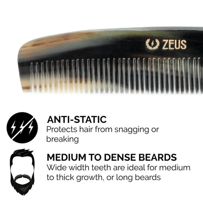 Zeus Natural Horn Wide Tooth Beard Comb in Deluxe Tin