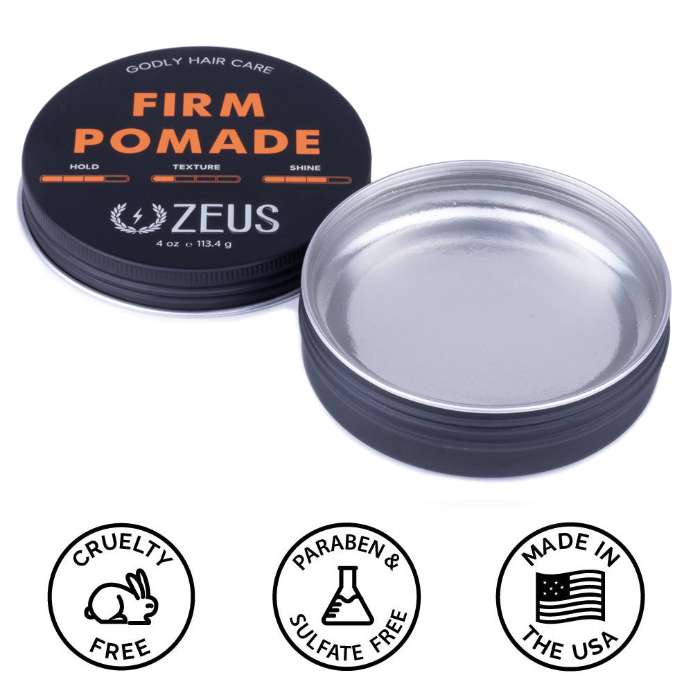 Zeus Firm Hold Pomade is cruelty free, paraben free, sulfate free, and made in USA