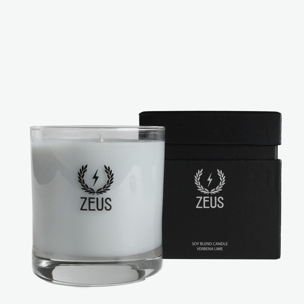 Zeus Scented Soy Blend Whiskey Glass Candle with packaging