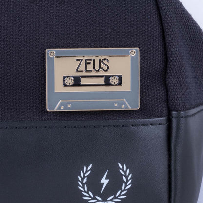 Zeus Cassette Tape Enamel Pin on a Zeus dopp bag