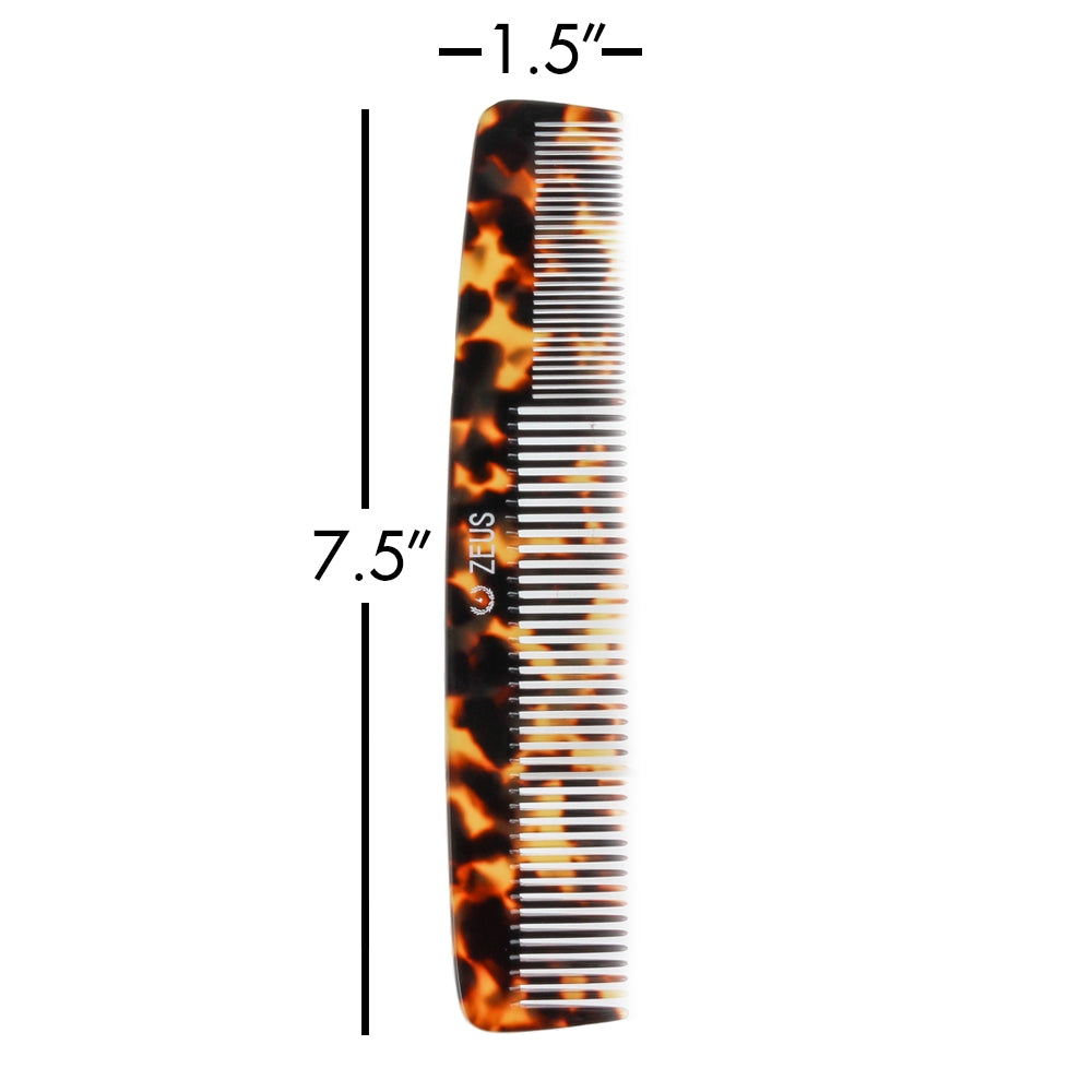 Zeus 7.5" Handmade Saw-Cut 2-in-1 Beard & Mustache Comb, Tortoiseshell, dimensions - 1.5 inches in width, 7.5 inches in length