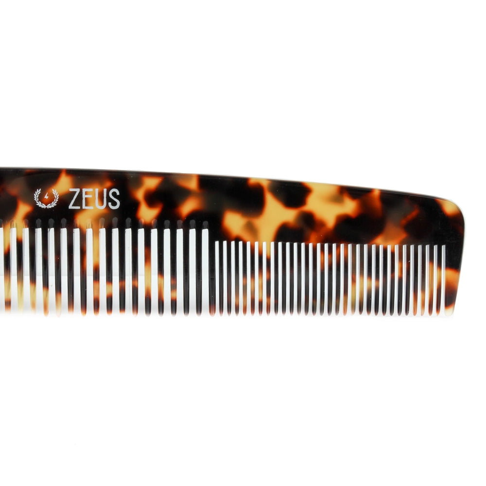 Zeus 7.5" Handmade Saw-Cut 2-in-1 Beard & Mustache Comb, Tortoiseshell, teeth zoomed in
