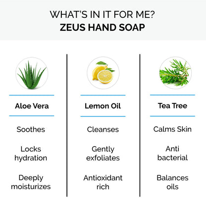 Zeus Aloe Vera Hand Soap 12 fl oz, Sandalwood contains aloe vera, lemon oil, and tea tree oil