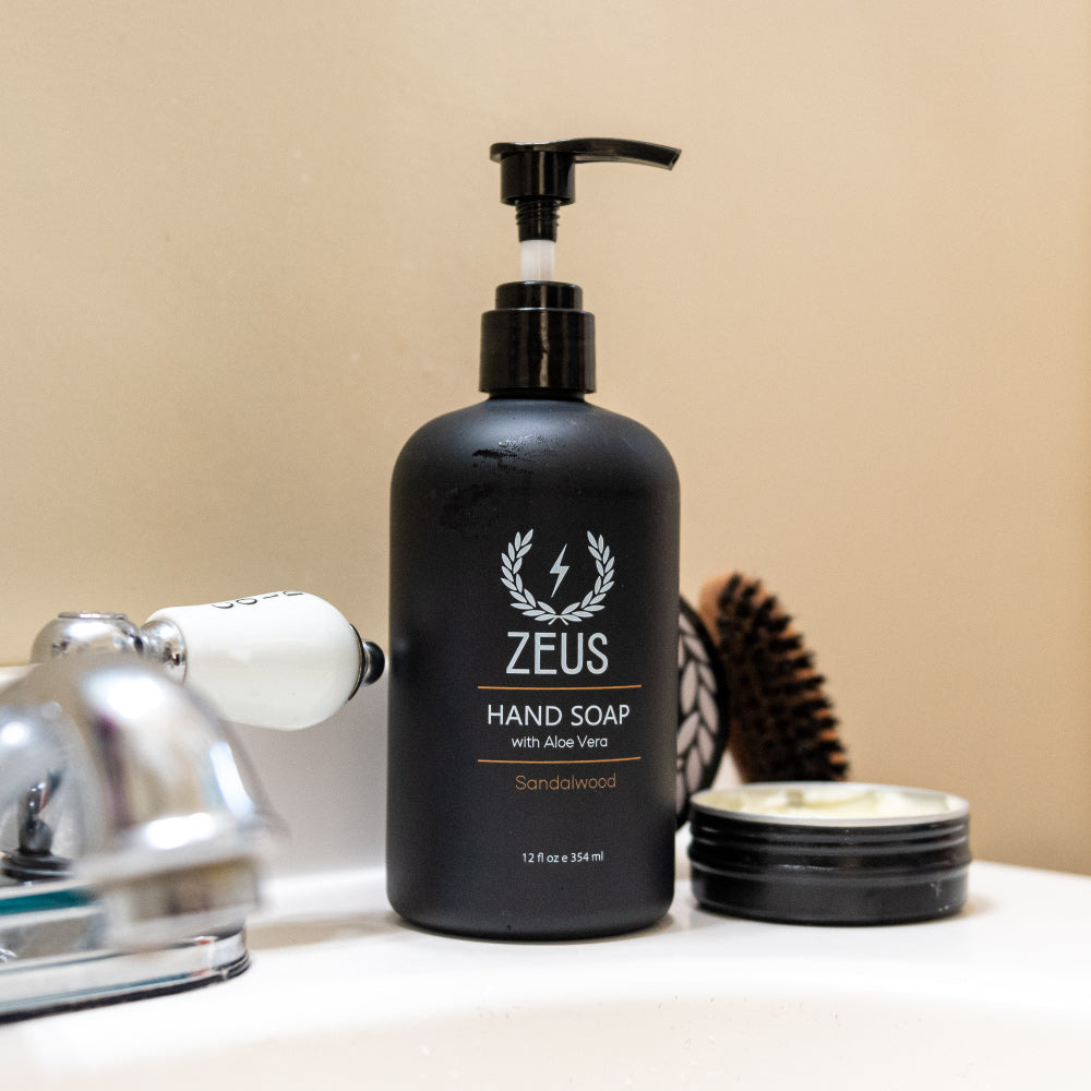 Zeus Aloe Vera Hand Soap 12 fl oz, Sandalwood on a sink
