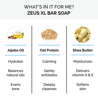 Zeus Bar Soap contains jojoba oil, oat protein, and shea butter